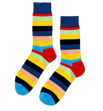 Vibrant Medley fashion socks featuring dynamic contrast stripes and vivid tones