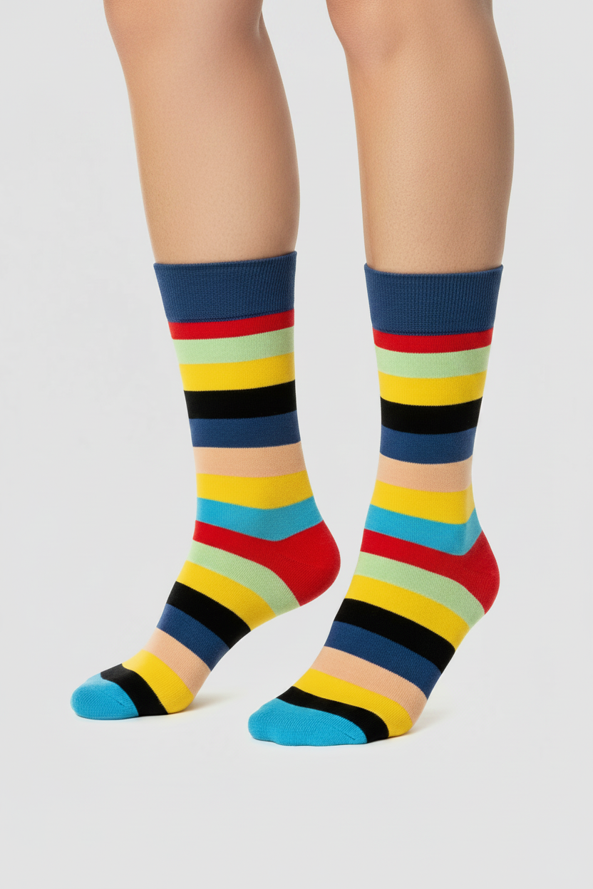 Vibrant Medley crew socks flat lay showing bold multicolor contrast stripe pattern
