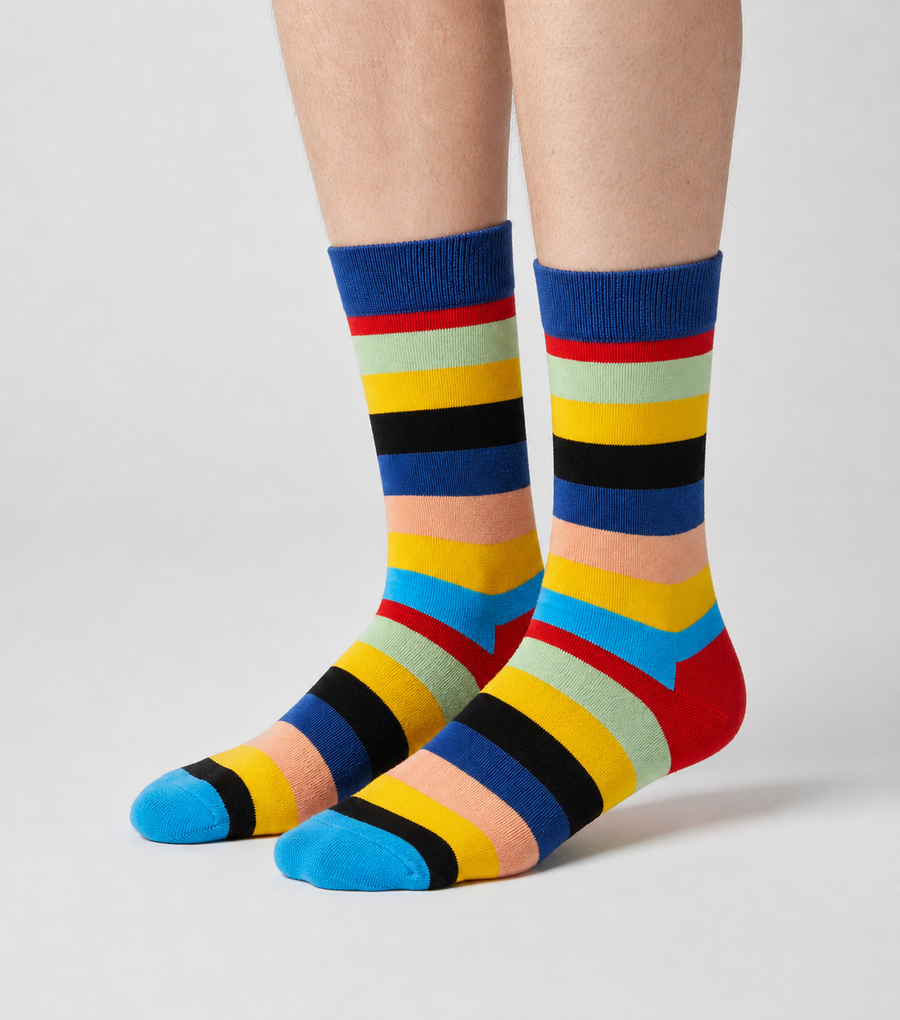 Vibrant Medley crew socks flat lay showing bold multicolor contrast stripe pattern