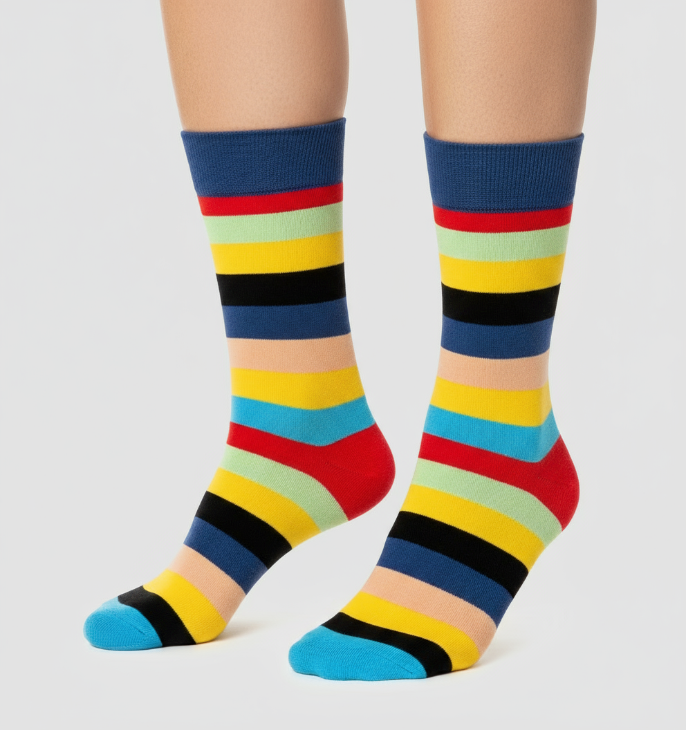 Vibrant Medley unisex crew socks by ModSoles featuring a lively multicolor pattern designed for bold expressive outfits